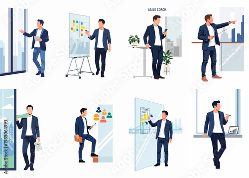 Illustration set of a professional agile coach in various business poses and office environments managing projects and leading teams.