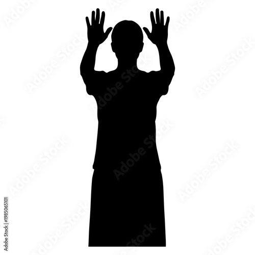 Silhouette of a person with hands raised in surrender or greeting.