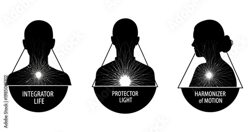 Human silhouette profiles with abstract energy burst and concept labels isolated on white background