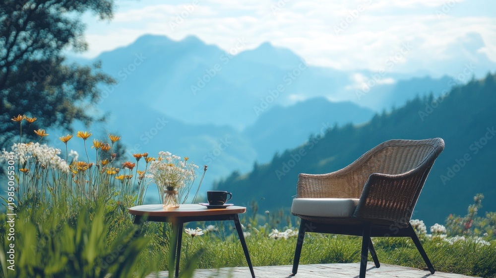 Fototapeta premium Serene outdoor scene featuring a chair, table, flowers, coffee, and mountain backdrop