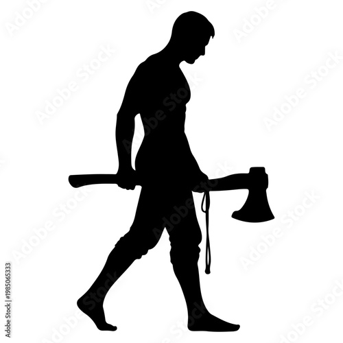 Silhouette of a man carrying an axe.
