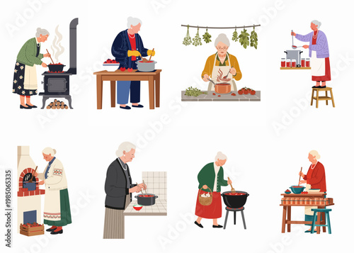 Set of vector illustrations featuring elderly women and grandmothers cooking traditional recipes, canning tomato sauce, and preparing homemade food in various kitchens.