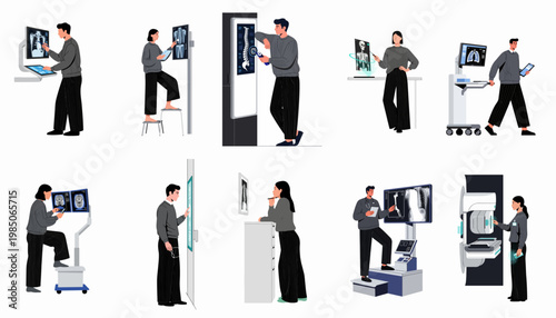 Set of flat vector illustrations showing medical professionals analyzing digital X-rays, MRI scans, and diagnostic data using advanced medical imaging technology.