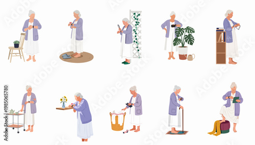 Elderly Woman Monitoring Health with Smartwatch in Various Daily Life Activities Illustration Set
