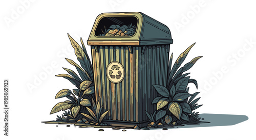 Recycling Bin with Green Plants Around.
