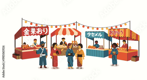 People standing at food market stalls.