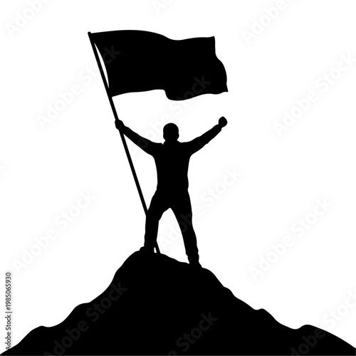 Silhouette of a person raising a flag on a mountain peak.