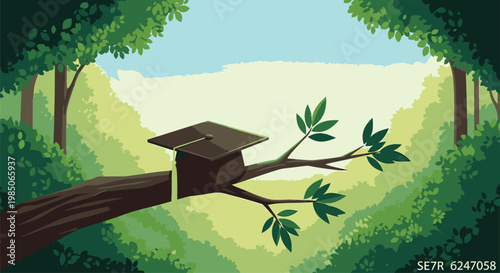 Graduation cap on tree branch outdoors.