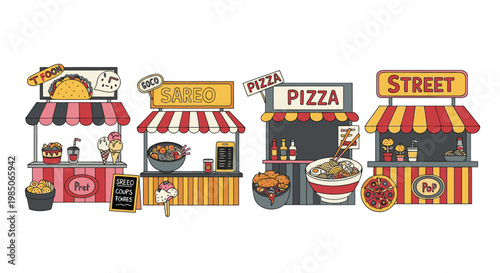 Colorful illustration of food trucks.
