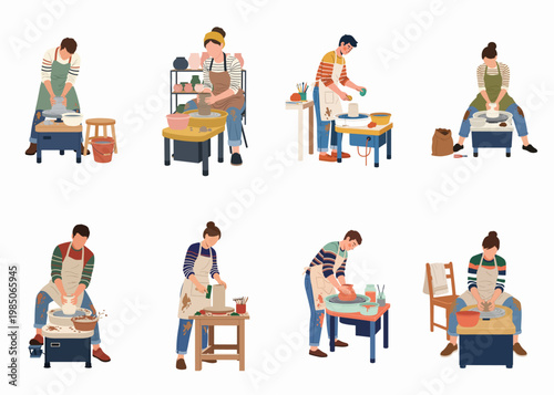 Set of illustrations depicting diverse people creating ceramic art and pottery on a wheel in a workshop, isolated on white.