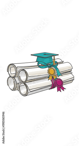 Graduation cap on rolled papers.