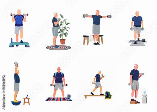 Vector Illustration Collection of a Healthy Senior Man Performing Various Strength Training Exercises with Dumbbells