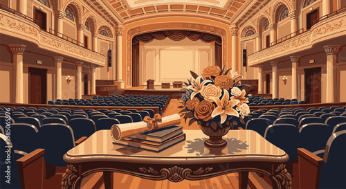 Empty auditorium with flower arrangement table.