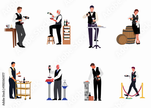 Collection of professional sommeliers and waitstaff illustrations decanting and serving red wine in various elegant restaurant settings, showcasing high-quality hospitality and wine service.