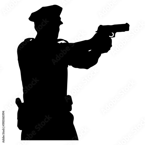 Silhouette of a police officer aiming a handgun.