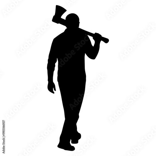 Silhouette of a man carrying an axe over his shoulder.