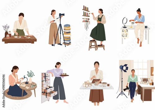 Vector illustrations of creative women artisans, photographers, and makers working in their home studios on various craft projects and business tasks.
