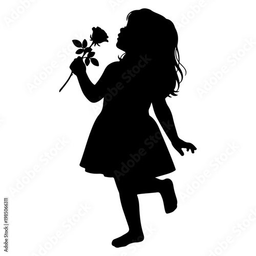Silhouette of a Young Girl Smelling a Rose.