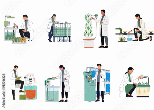Set of scientists conducting research on hydroponics, vertical farming, and water treatment systems for sustainable agriculture in a laboratory environment.