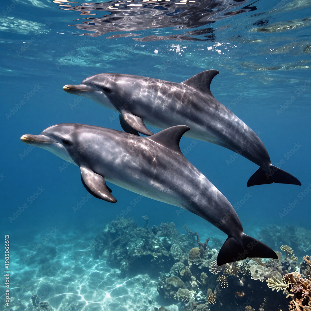 Obraz premium Sci-Fi Ocean Together. Detailed Vintage Engraving Depicts Two Dolphins Swimming Together In Their Ocean Habitat