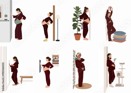 Set of flat minimalist illustrations of pregnant women in various home settings, highlighting prenatal care, comfort, health, and the journey of motherhood.