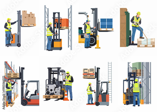 Illustrations of warehouse workers operating different forklift models and material handling equipment for efficient logistics and storage management.