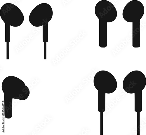 Earphone and wireless earbuds multiple types silhouette vector illustration set
