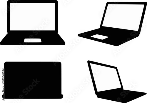 Laptop computer multiple views silhouette vector illustration set