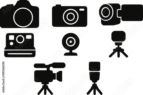 Camera and photography equipment multiple types silhouette vector illustration set