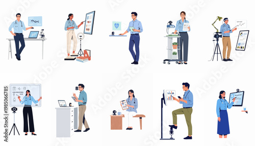 Set of diverse doctors conducting online consultations and medical webinars using digital technology and video conferencing equipment.