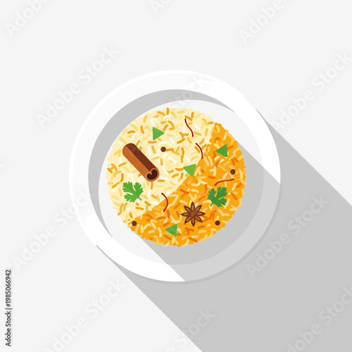 A flavorful and aromatic dish of rice garnished with spices like cinnamon and star anise, presented in a white bowl with a long shadow effect, symbolizing culinary delight and gourmet cuisine