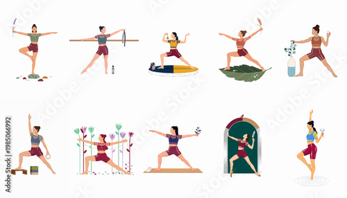 Flat illustration collection of diverse women practicing yoga, ballet, and mindfulness exercises with botanical and lifestyle elements.