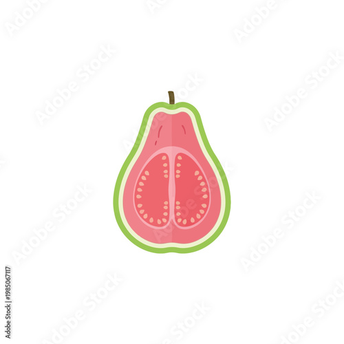 A clean illustration of a cross-section of a ripe guava fruit, showcasing its vibrant pink flesh and tiny seeds against a white background