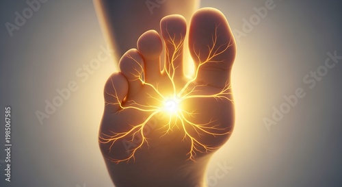 Human foot anatomy with glowing nerves and yellow light, suitable for medical, science or healthcare concepts, textbooks, and presentations.
