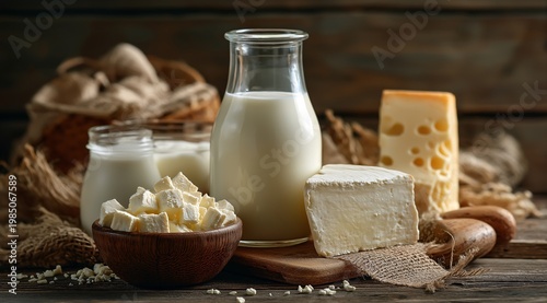 Assortment of fresh dairy products including milk cheese and yogurt in rustic setting