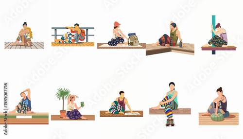Collection of diverse young backpackers in colorful bohemian clothing resting and relaxing during their travels, isolated vector illustrations.