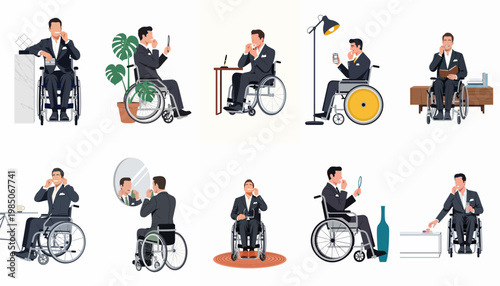 Collection of flat vector illustrations depicting a professional man in a wheelchair engaging in various daily dental care and grooming activities.