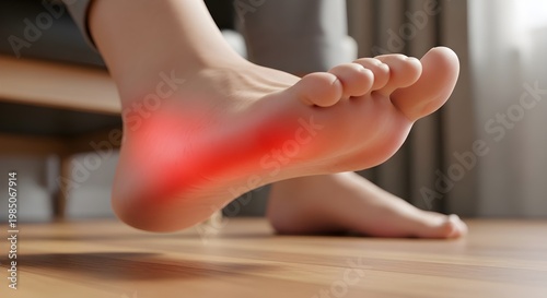 Foot with a red area indicating heel pain suitable for healthrelated articles, podiatry websites, medical presentations, and injury prevention resources.