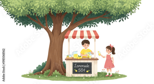 Children selling lemonade under a large tree on a sunny day