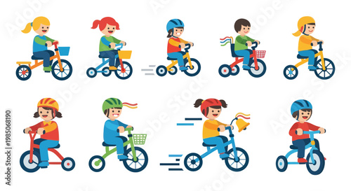 Diverse Kids Riding Bicycles, Wearing Helmets, Outdoor Activity, Fun Summer Illustration