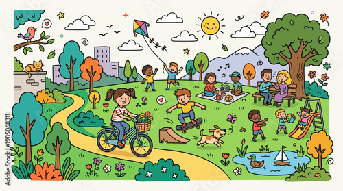 Happy people and children enjoying outdoor activities in a city park vector illustration