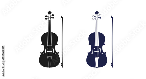 Violin and Bow Icons: Black and Blue Silhouettes on White Background