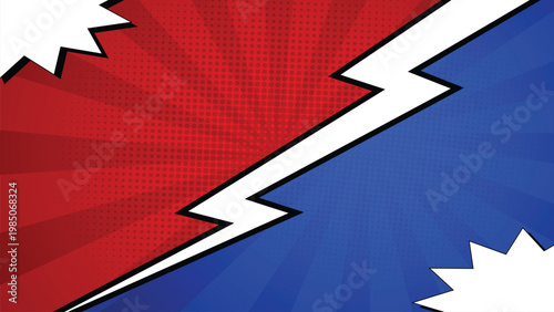 Comic versus background with colorful burst rays and lightning effect for battle game design