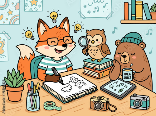 Creative fox character drawing in a sketchbook with an owl and bear in a studio