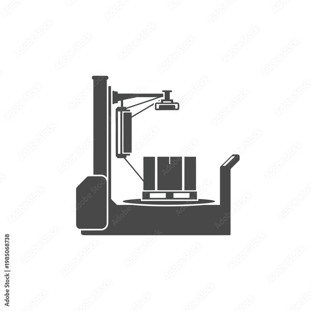 Fototapeta premium Automated pallet wrapper machine in a warehouse, industrial packaging equipment for logistics and shipping