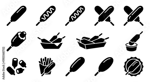 Corn Dog Silhouettes Set Fast Food Street Food Snack Icons Black Vector