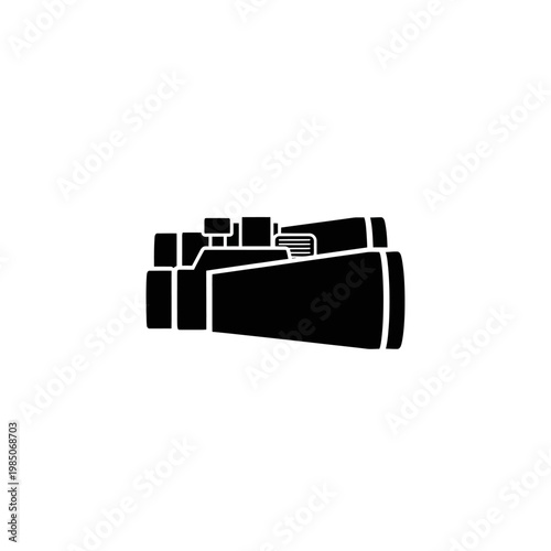 Sleek black silhouette icon of optical binoculars, ideal for representing tools of observation, exploration, and adventure in design projects