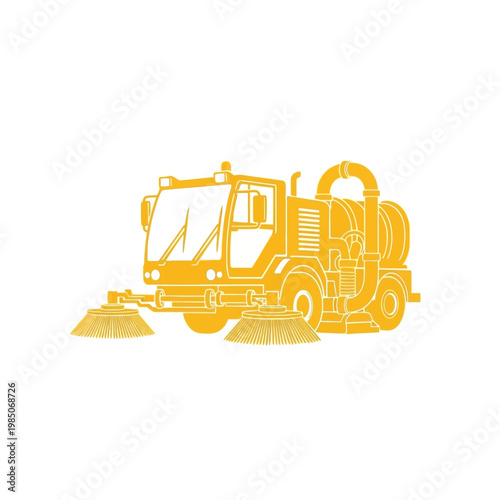 Detailed yellow street sweeper truck illustration symbolizing urban sanitation, municipal cleaning operations, and essential road maintenance equipment graphic