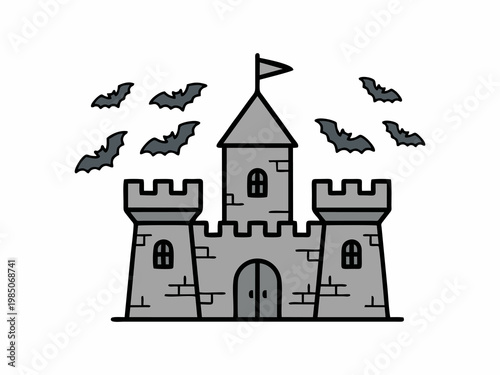 Spooky Medieval Castle Illustration with Flying Bats in Flat Vector Style