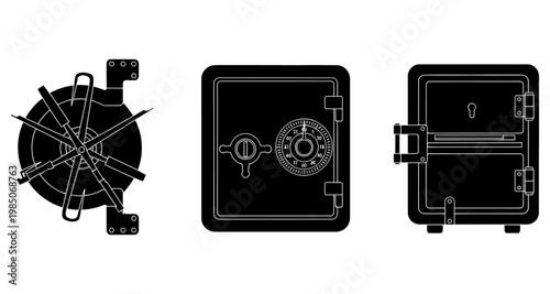 Bank vault doors and safe mechanisms with security dials and locking bars isolated on white background